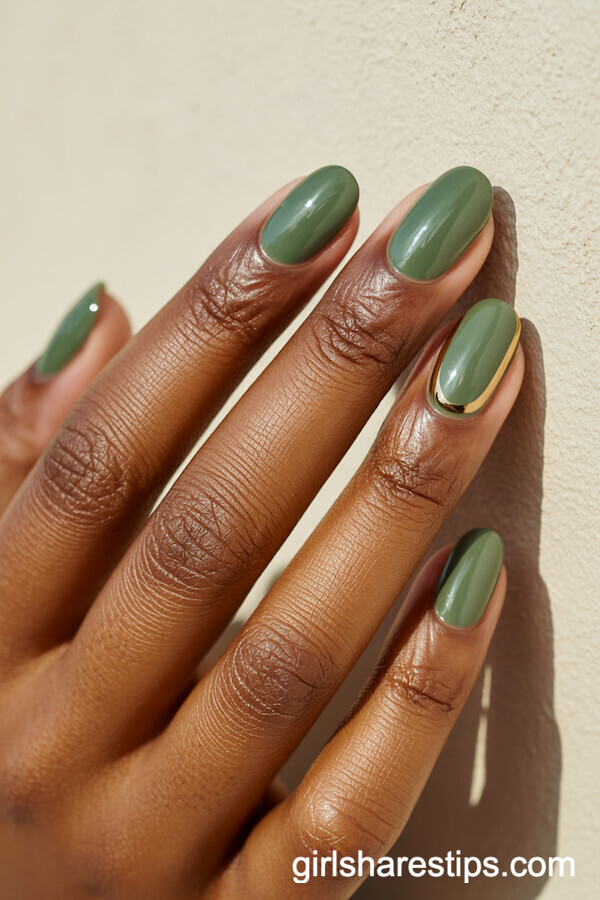 Matte Sage Green Nails with Gold Accent