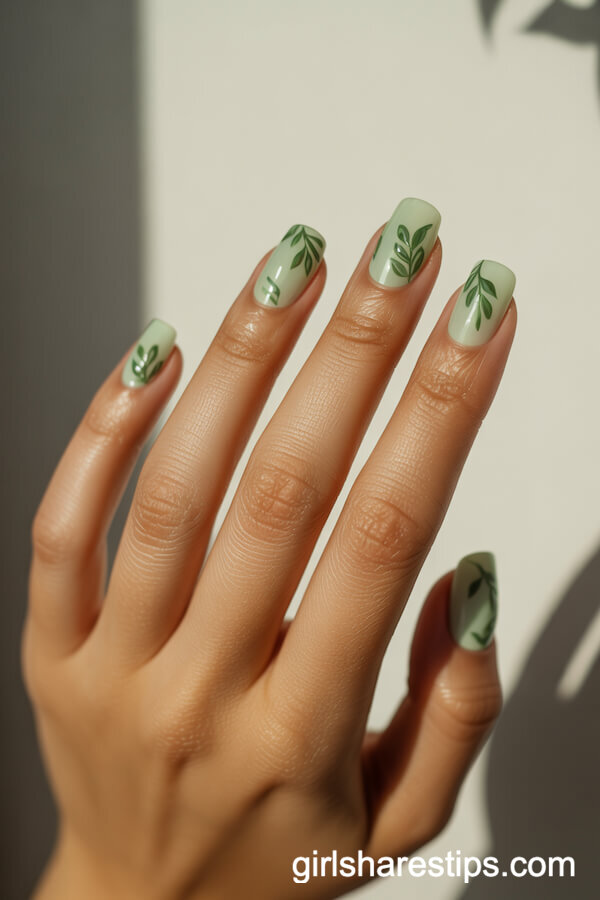 Botanical Leaf Art on Pale Green Square Nails