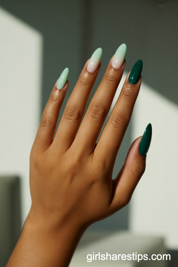 Mint to Forest Green Ombre Stiletto Nails