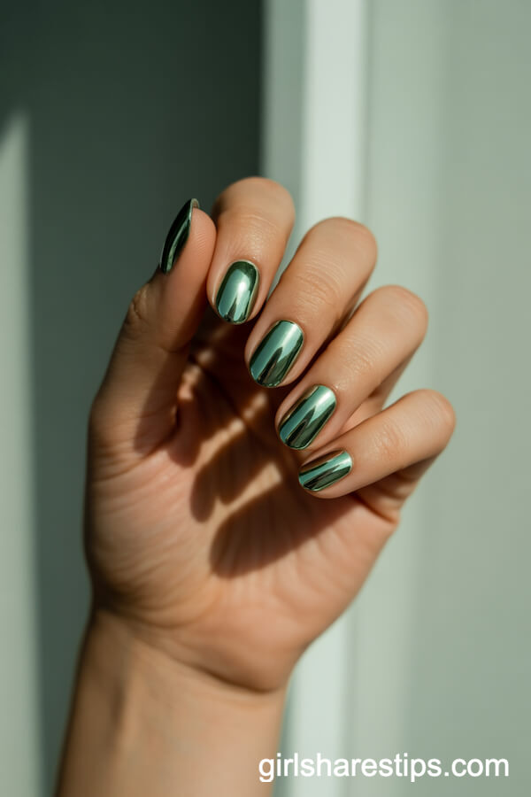 Chromatic Green Mirror Nails on Short Almonds