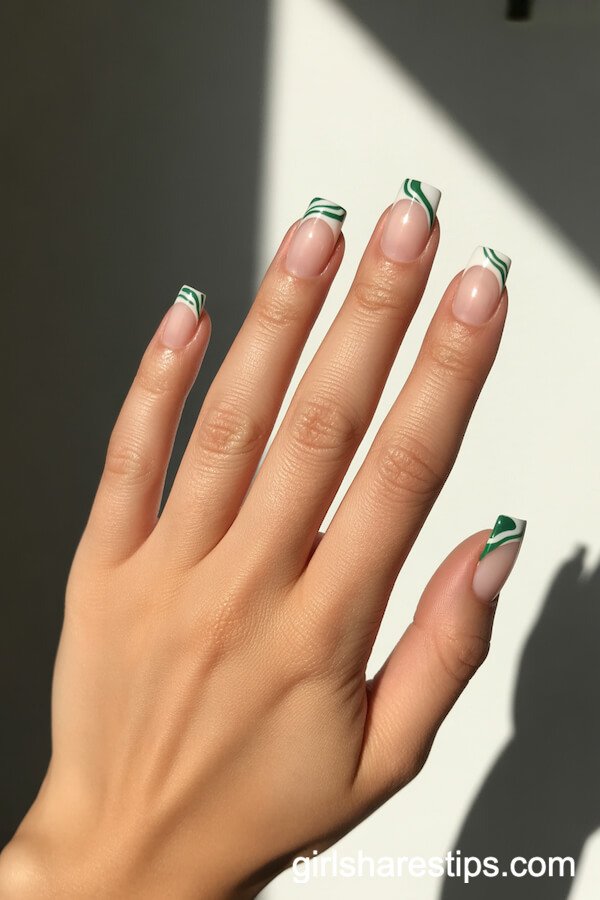 Swirled Green French Tips on Square Nails