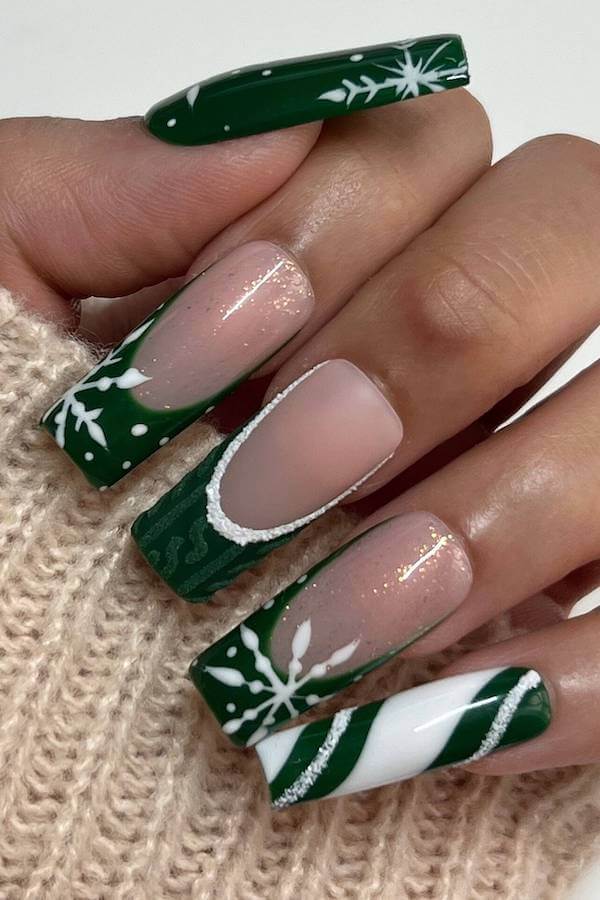 Green Snowflake Winter Nail Art