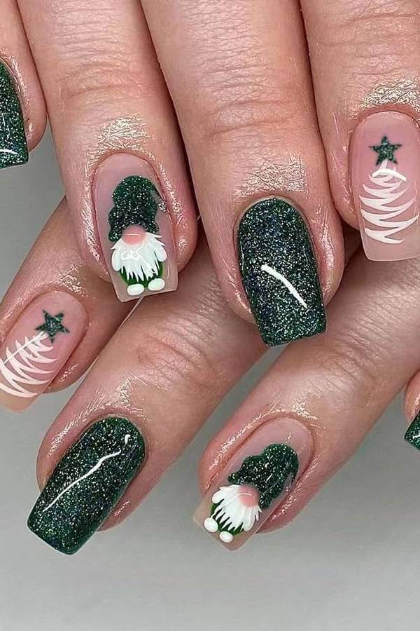 Green Glitter Christmas Gnome Nails