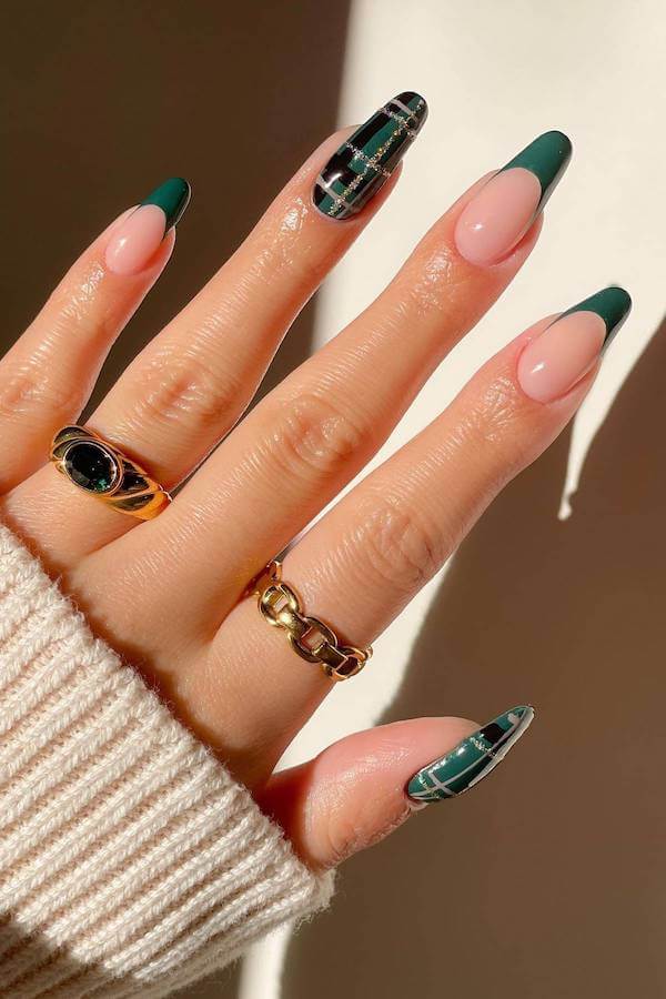 Green Plaid and French Tip Nails