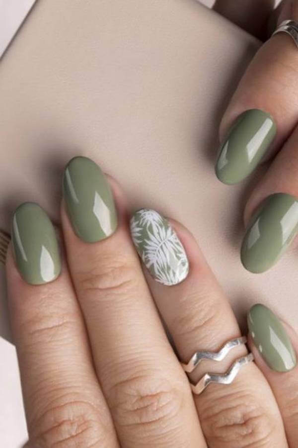 Olive Green Leaf Accent Nails