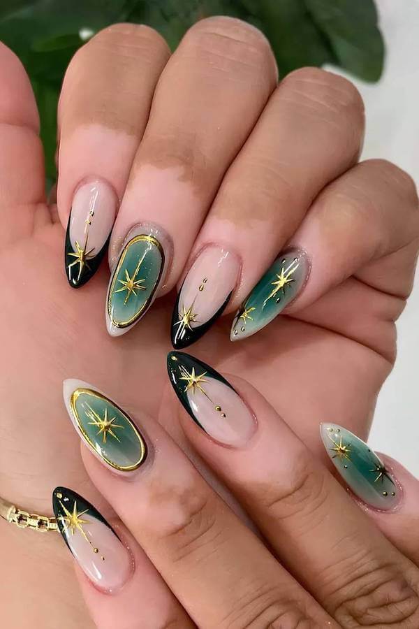 Dark Green Starburst Nails