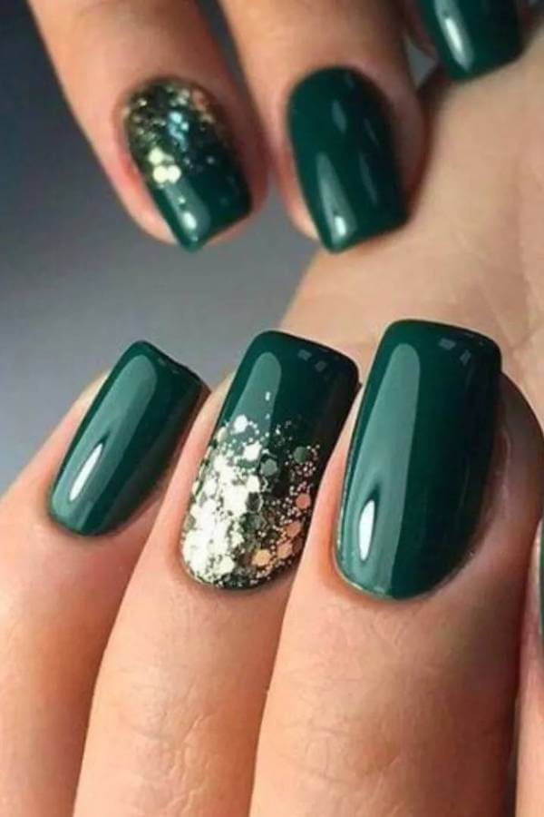 Deep Green Nails with Gold Glitter Accent