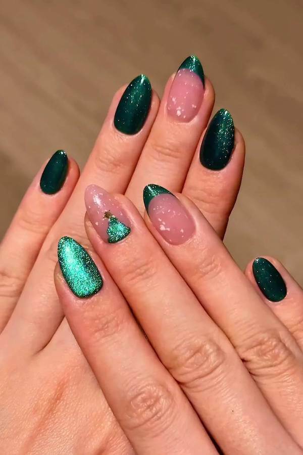 Glitter Green French Tips and Holiday Tree Nails
