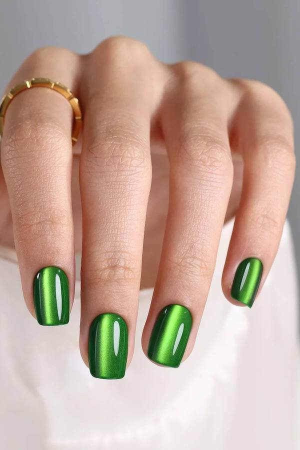 Metallic Green Chrome Nails