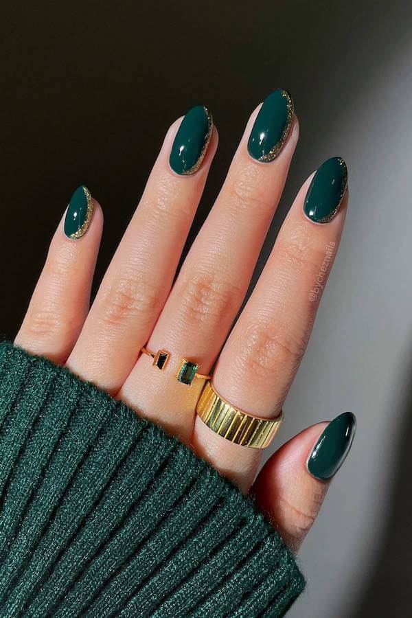 Dark Green Nails with Gold Outline
