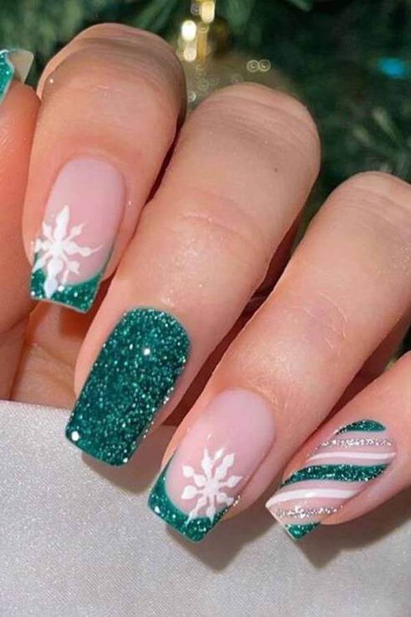 Glittery Green Snowflake Winter Nails