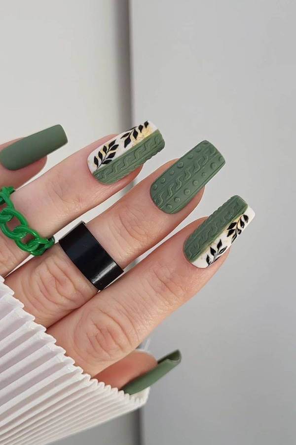 Matte Green and Sweater Texture Nails