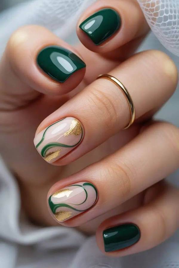 Green and Gold Abstract Short Nails