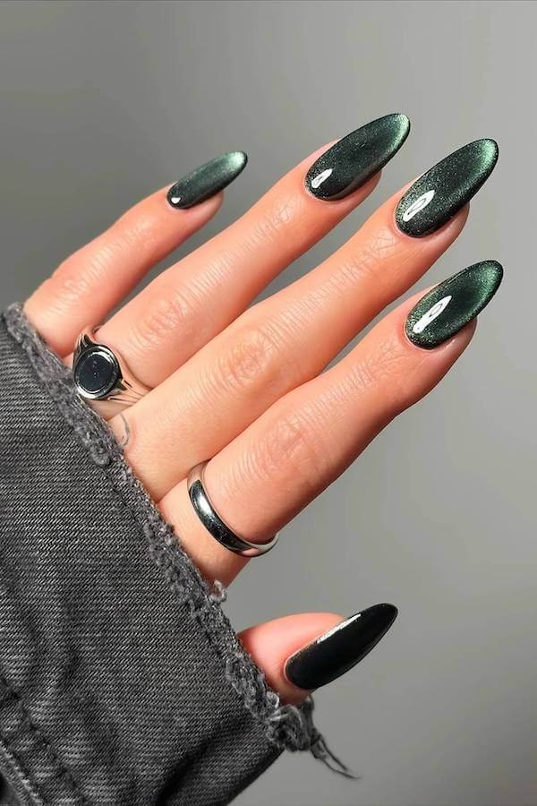 Metallic Green Almond Nails