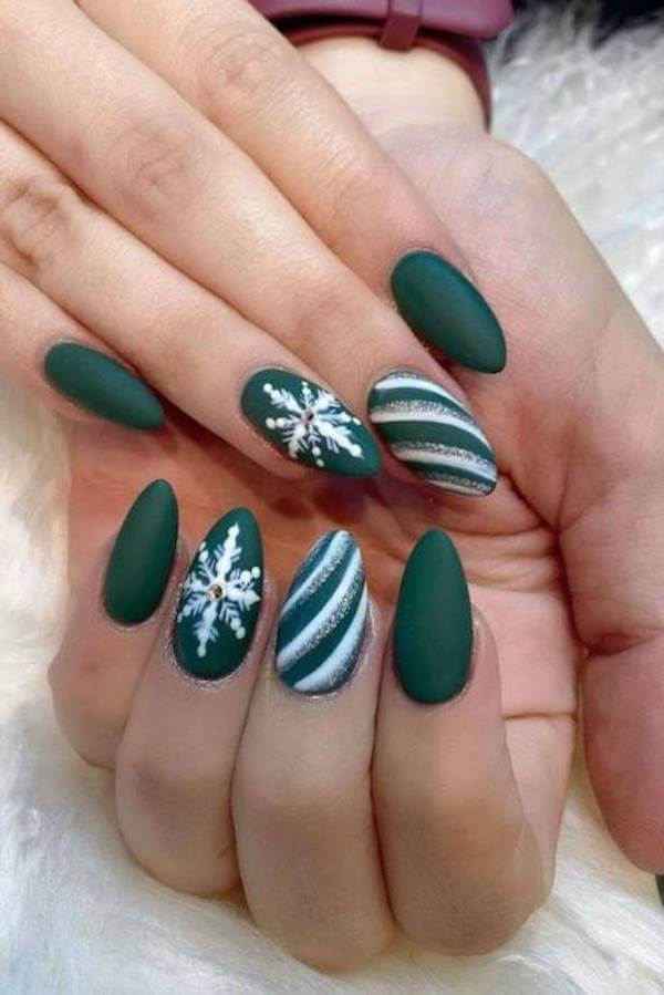 Matte Green Snowflake Nails