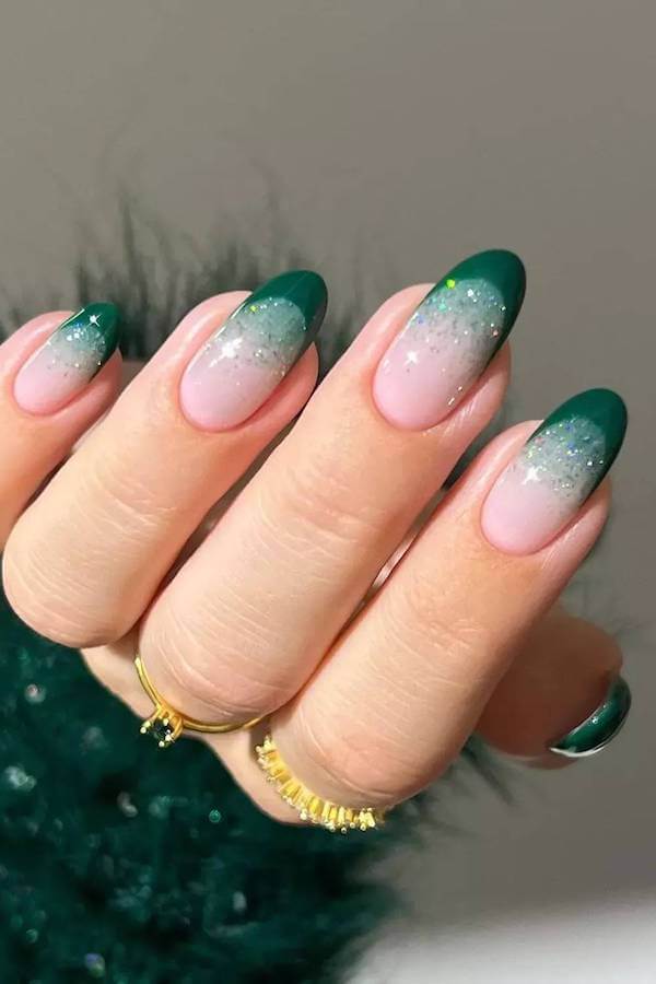Green Glitter Ombre French Nails