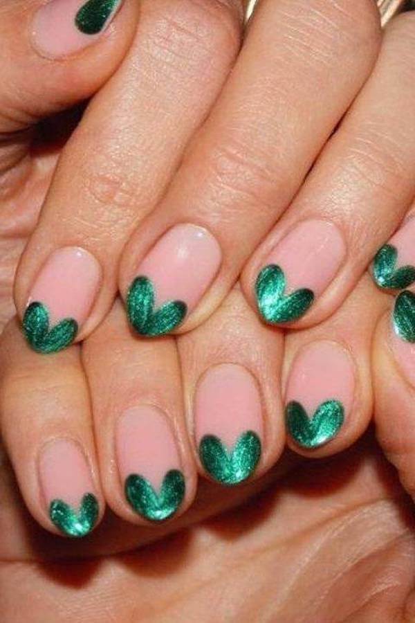 Green Heart French Tip Nails