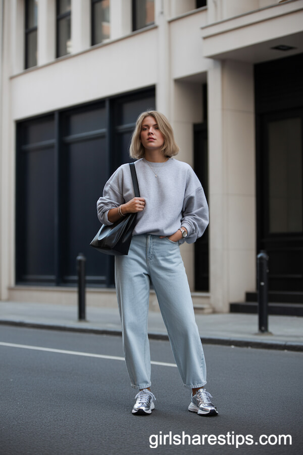 Grey Baggy Jeans with Crewneck Sweater and Silver Sneakers