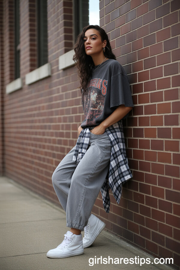 Grey Baggy Jeans with Vintage Band T-Shirt and Plaid Flannel