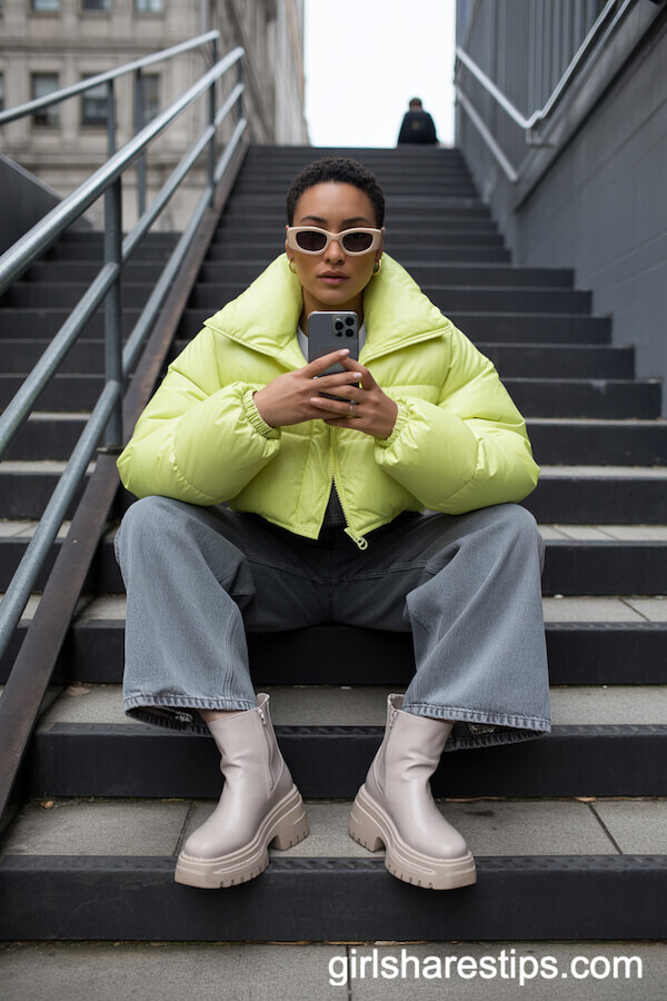 Grey Baggy Jeans with Cropped Neon Puffer Jacket and Boots