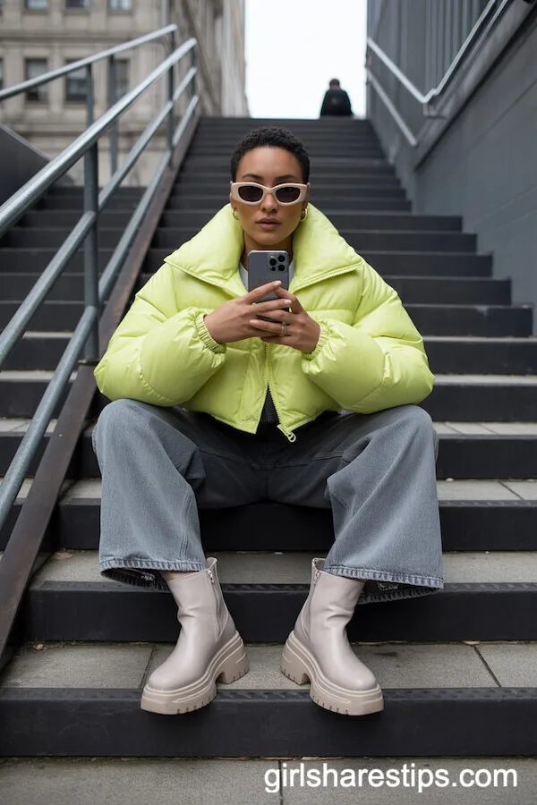 Grey Baggy Jeans with Cropped Neon Puffer Jacket and Boots