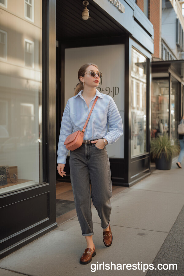 Grey Baggy Jeans with Striped Button-Down Shirt and Loafers