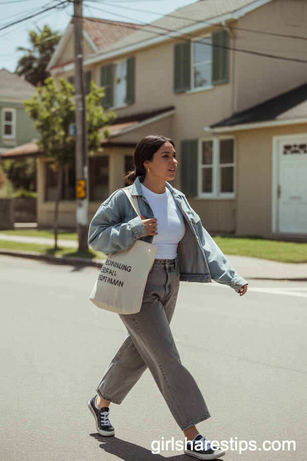 Grey Baggy Jeans with White Tee and Denim Jacket