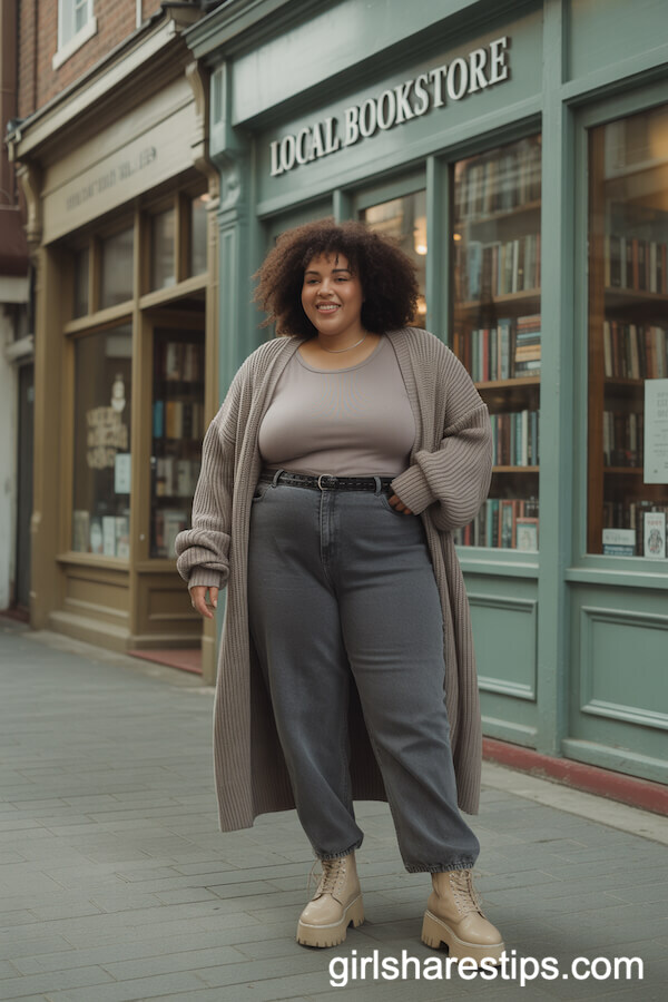 Grey Baggy Jeans with Form-Fitting Top and Chunky Cardigan