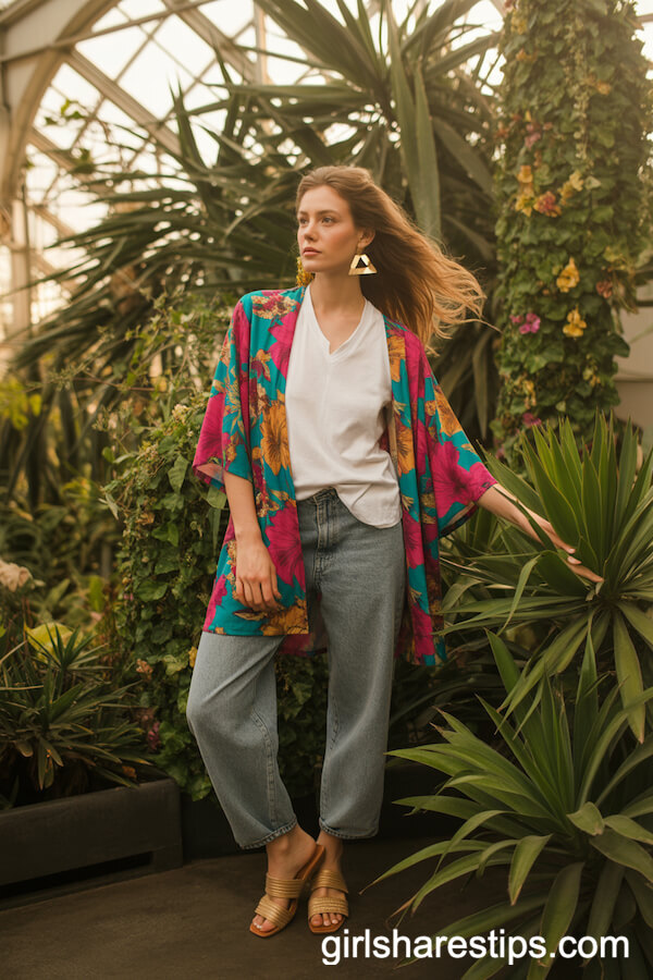Grey Baggy Jeans with Printed Kimono Jacket and Slides