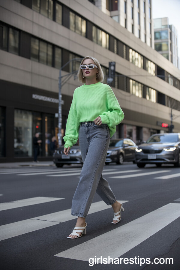 Grey Baggy Jeans with Neon Sweater and Heeled Sandals