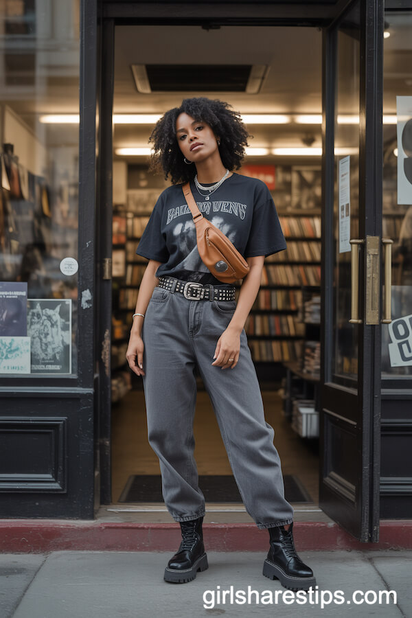 Grey Baggy Jeans with Band Tee and Studded Belt