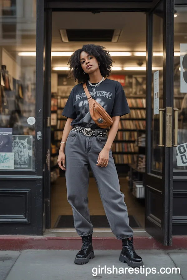 Grey Baggy Jeans with Band Tee and Studded Belt