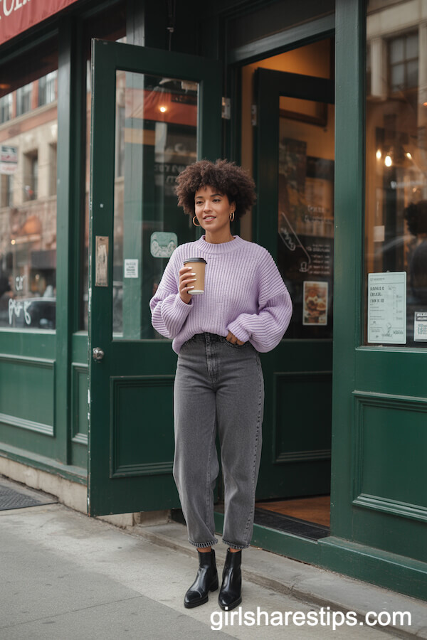 Grey Baggy Jeans with Pastel Knit Sweater and Ankle Boots