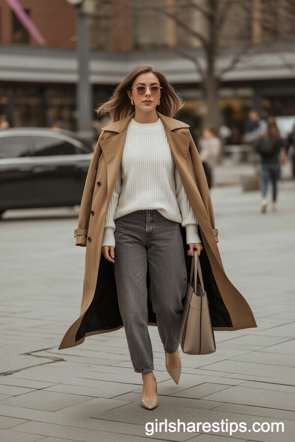 Grey Baggy Jeans with Knit Sweater and Camel Trench Coat