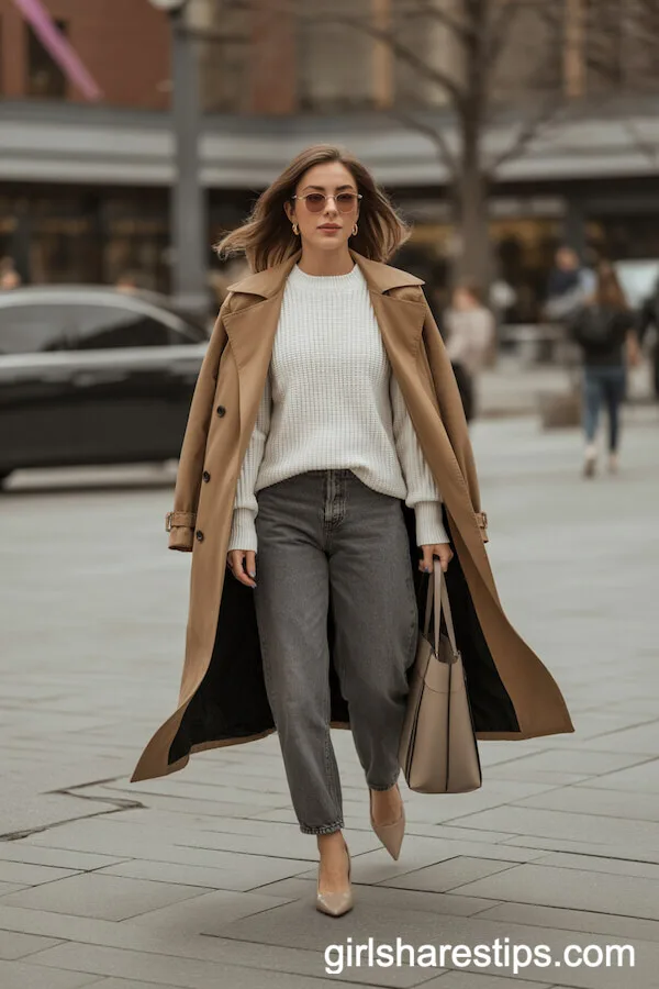 Grey Baggy Jeans with Knit Sweater and Camel Trench Coat