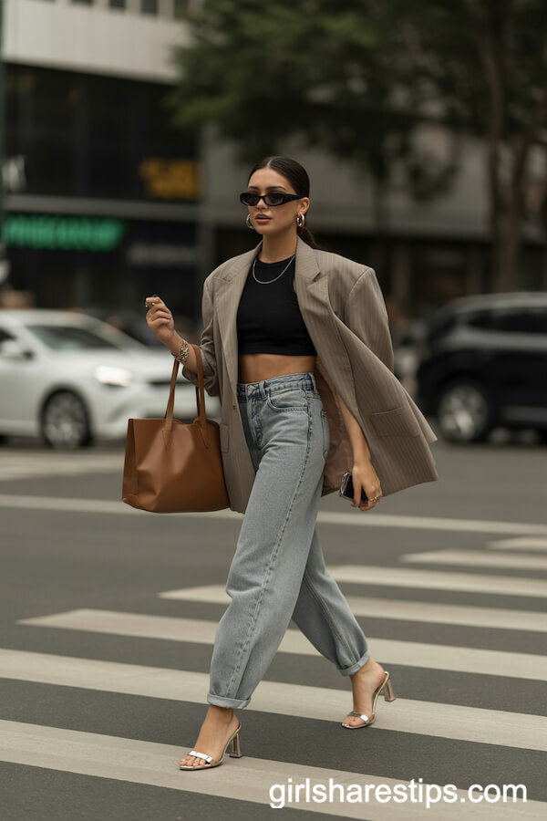 Grey Baggy Jeans with Black Crop Top and Oversized Blazer