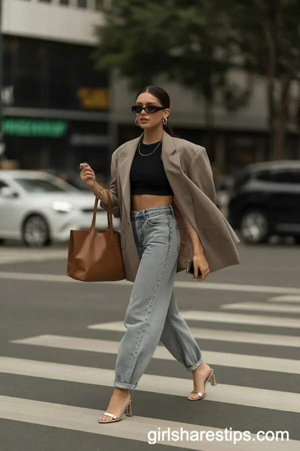 Grey Baggy Jeans with Black Crop Top and Oversized Blazer