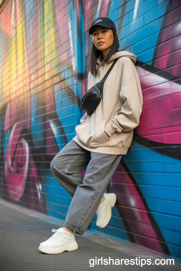 Grey Baggy Jeans with Oversized Hoodie and Chunky Sneakers