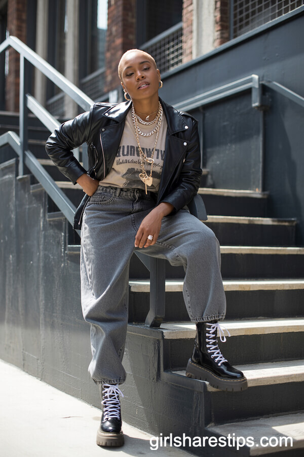 Grey Baggy Jeans with Leather Biker Jacket and Graphic Tee
