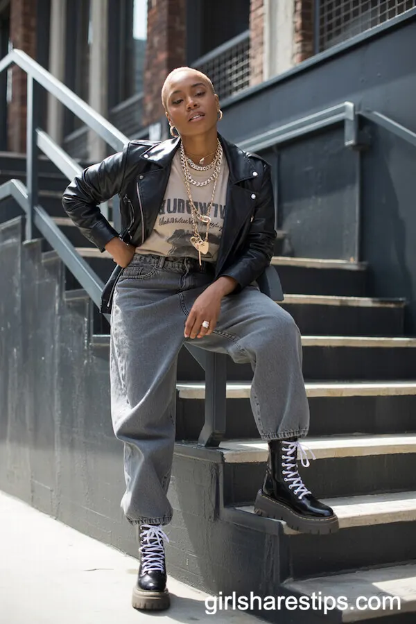 Grey Baggy Jeans with Leather Biker Jacket and Graphic Tee