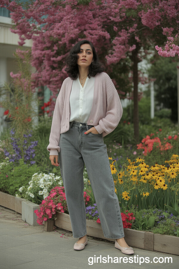 Grey Baggy Jeans with Pink Cardigan and White Blouse