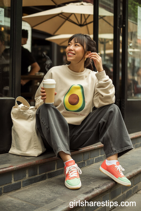 Grey Baggy Jeans with Graphic Sweatshirt and Colorful Trainers