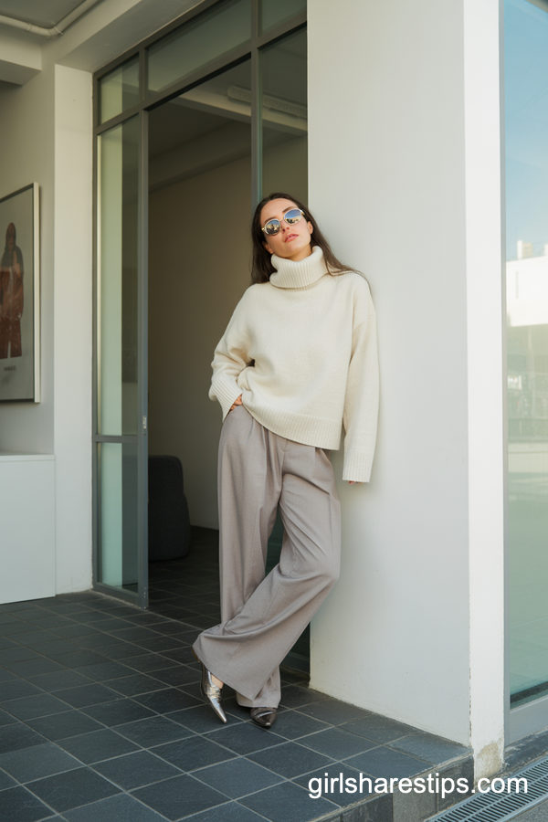 Cream Turtleneck With Light Grey Wide-Leg Pants