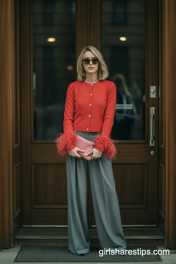 Red Feather-Cuff Cardigan With Flowing Grey Trousers