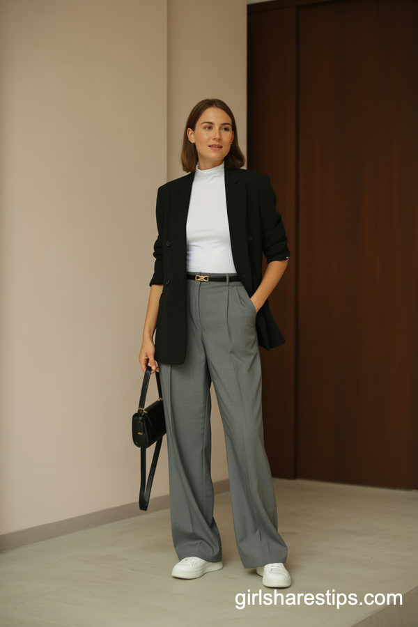 Black Blazer And White Turtleneck With Grey Wide-Leg Pants