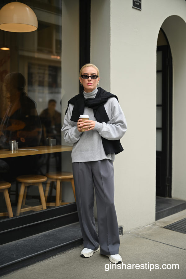 Layered Grey Sweater And Turtleneck With Dark Wide-Leg Pants