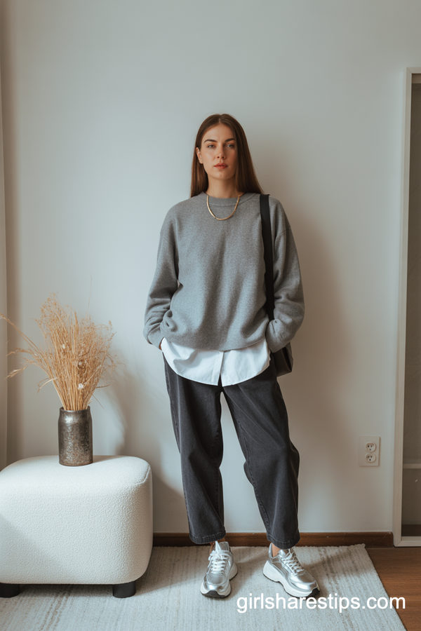 Oversized Grey Sweater With Dark Pants And Chunky Sneakers