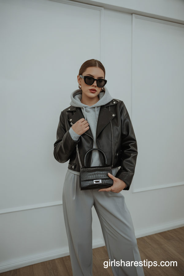 Leather Biker Jacket With Light Grey Dress Pants And Hoodie