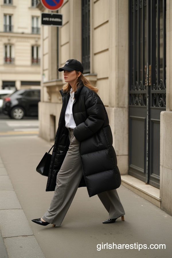 Long Black Puffer Coat With Wide-Leg Grey Pants And Cap