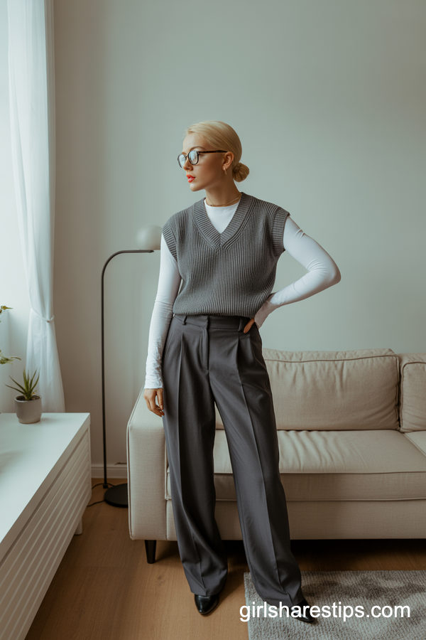 Grey Sweater Vest And Charcoal Wide-Leg Trousers Combo